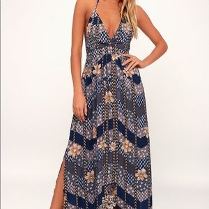 Annalisa Blue Multi Floral Print Halter Maxi Dress